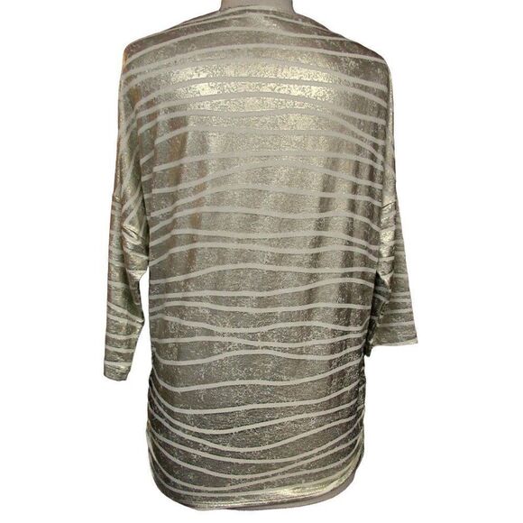 Chico's Metallic Wavy Stripe Gold White Top Sz 0 Ruched Sides Pullover Stretch - Picture 4 of 9